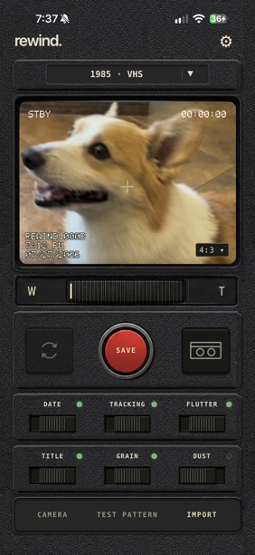 Current Rewind camera UI with Save, format controls, and camera, test pattern and import options