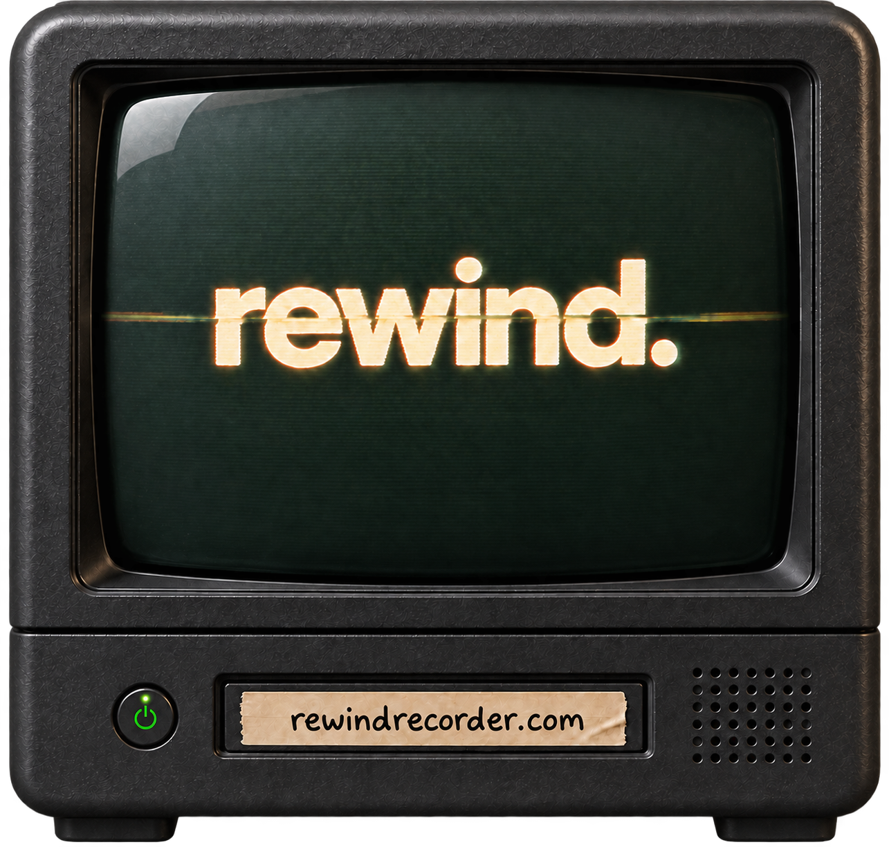 Textured retro TV and VCR with the glowing Rewind wordmark and rewindrecorder.com cassette label
